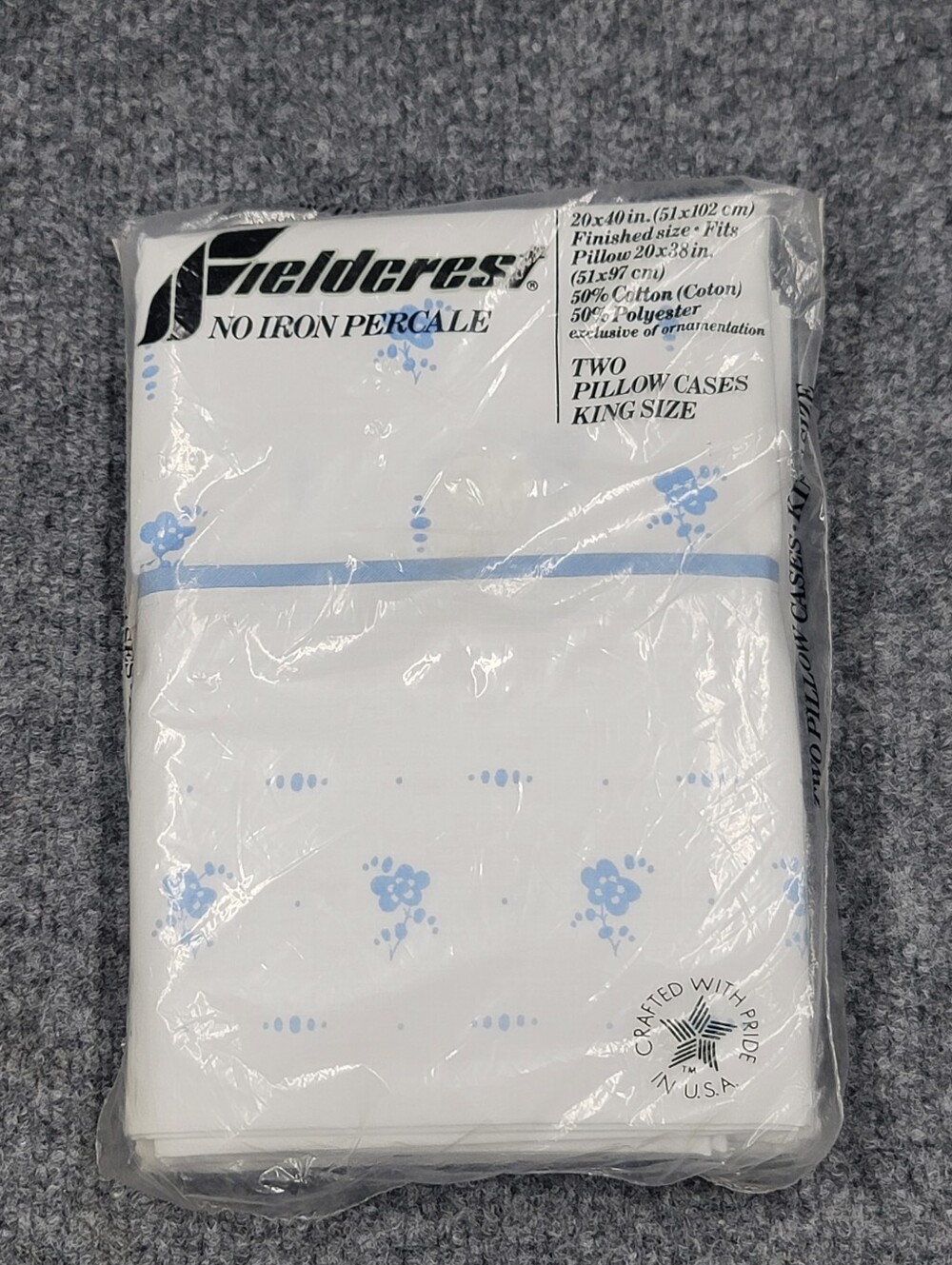 Vintage Fieldcrest No Iron Percale King Size Pillowcases White W/ Blue Flowers
